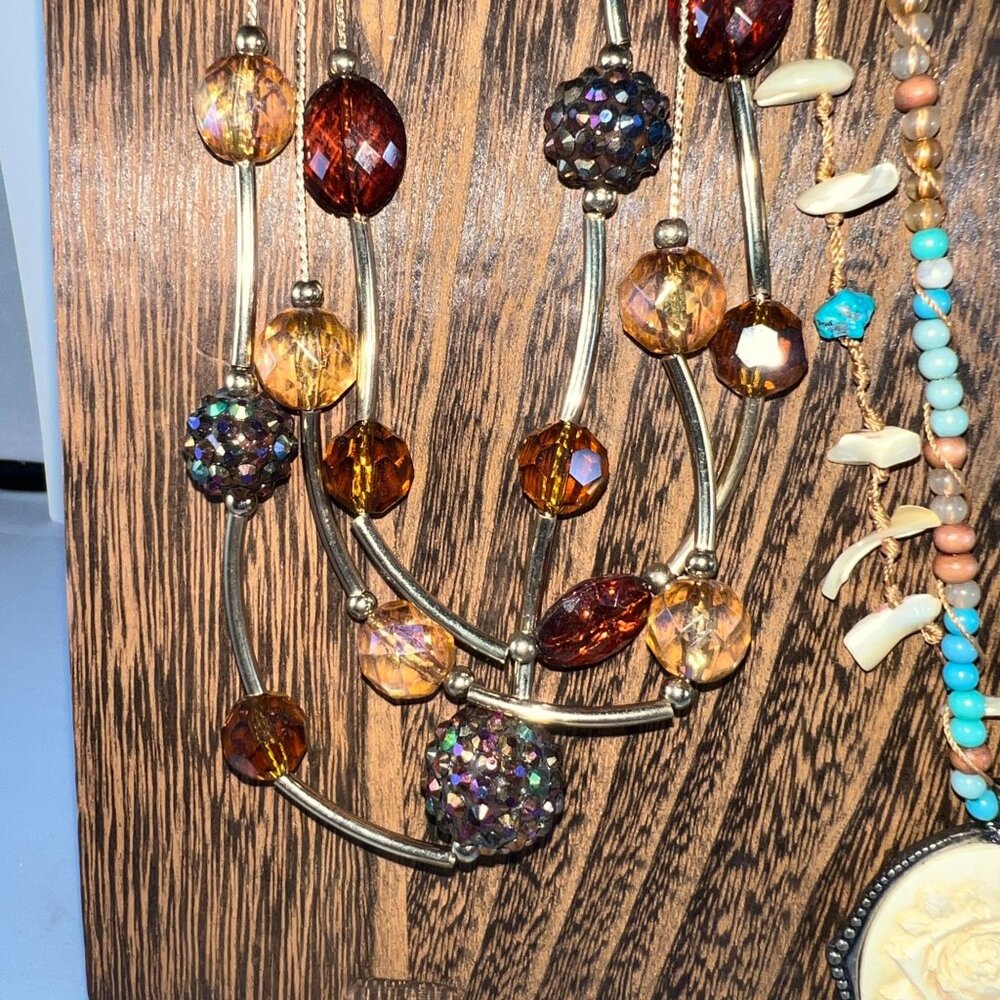 Vintage Beaded Necklace Set With Amber Tones Turquoise Accents & Rose Pendant On - Picture 2 of 4